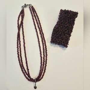 Garnet Red Beaded Multi-Strand Necklace with Matching Bracelet